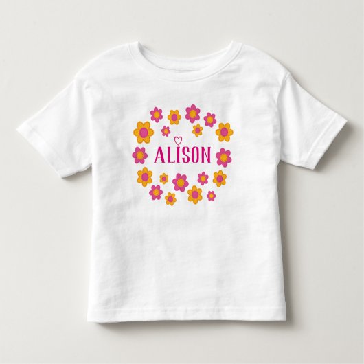 名前パーソナライズされたフローラ春女の子ピンク黄色 トドラーTシャツ (正面)
