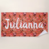 名前パーソナライズされたフローラ暖かいヴィンテージオレンジ ビーチタオル (正面)