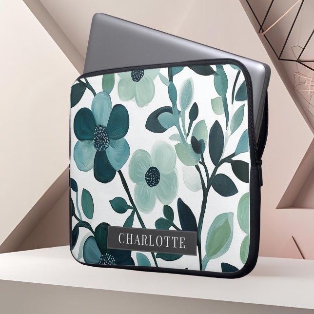 名前パーソナライズされたブルーアクアフローラつる植物 ラップトップスリーブ (クリエイターアップロード済み)