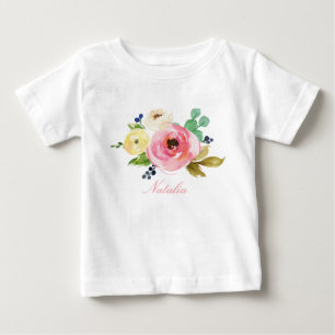 名前パーソナライズされたベビーガールウォーター色フローラ-4 ベビーTシャツ