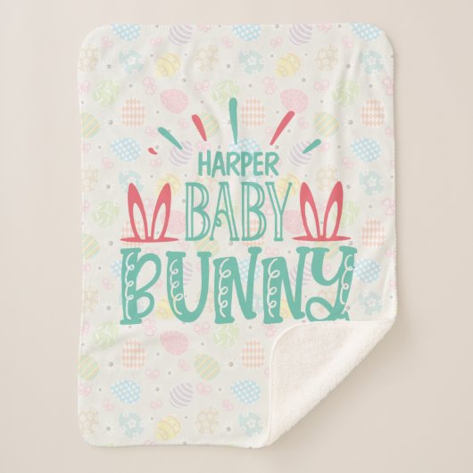 名前パーソナライズされたベビーバニーバタフライイースターエッグ シェルパブランケット (正面)