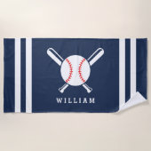 名前パーソナライズされたベースボールネイビーブルーストライプズ ビーチタオル (正面)