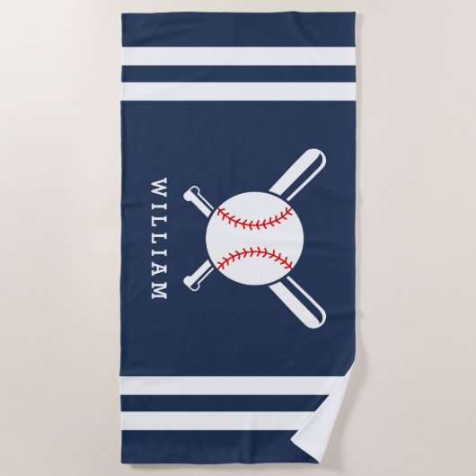 名前パーソナライズされたベースボールネイビーブルーストライプズ ビーチタオル (正面)