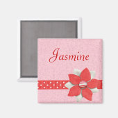 名前パーソナライズされたマグネット – 赤いリボンと花 マグネット (正面/裏面)