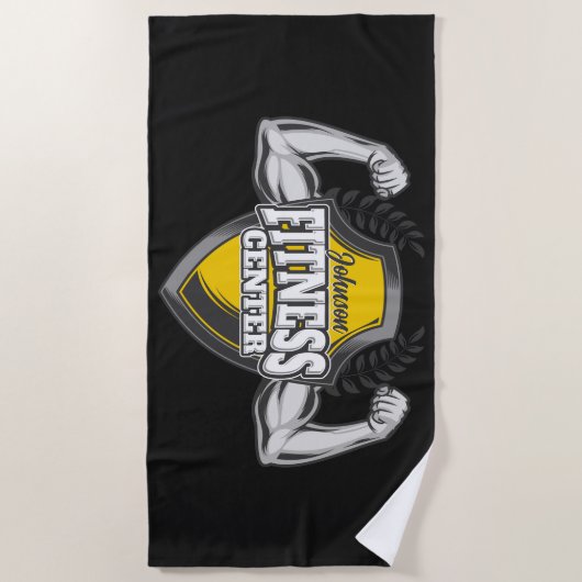 名前パーソナライズされたマッスルフィットネストレーナージム ビーチタオル (正面)