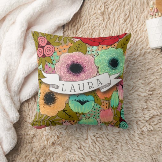 名前パーソナライズされたメイクアップデザイ色彩の鮮やかナフローラ クッション (ブランケット)