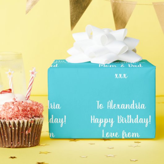 名前パーソナライズされたモダンティール(緑がかった色)ハッピーバースデー ラッピングペーパー (誕生日パーティー)