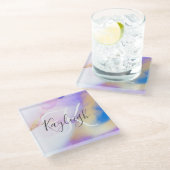 名前パーソナライズされたモノグラムパープルウォーターLuxe ガラスコースター (アングル)