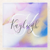 名前パーソナライズされたモノグラムパープルウォーターLuxe ガラスコースター (正面)