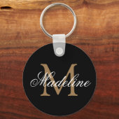 名前パーソナライズされたモノグラム黒エレガント金ゴールド キーホルダー (正面)