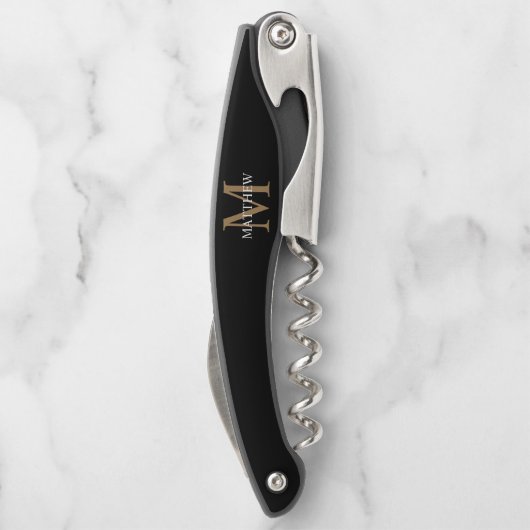 名前パーソナライズされたモノグラム黒 ソムリエナイフ (裏面)