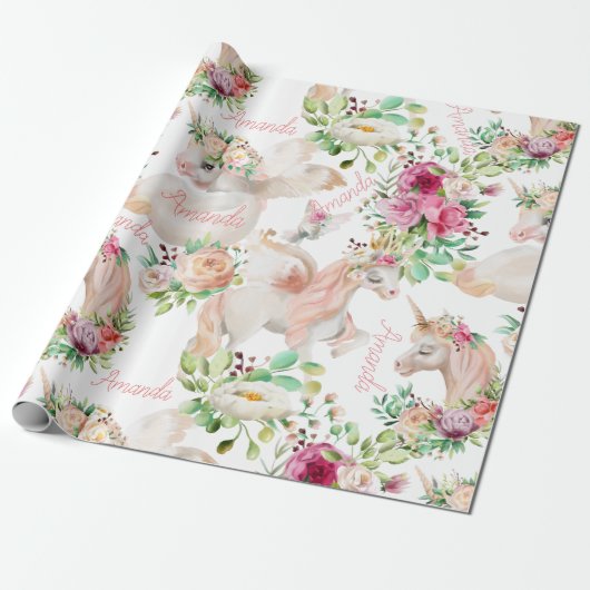 名前パーソナライズされたユニコーン愛かわいらし ラッピングペーパー (アンロールド)