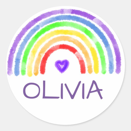 名前パーソナライズされたレインボーとハート水色 ラウンドシール (正面)