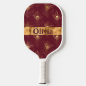 名前パーソナライズされたレッドピーコックプリント金ゴールド ピックルボールラケット (裏面)