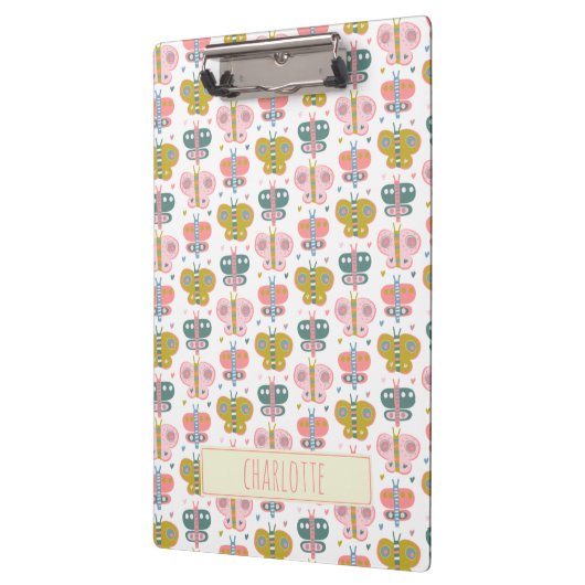 名前パーソナライズされたレトロピンク蝶の学生 クリップボード (左)