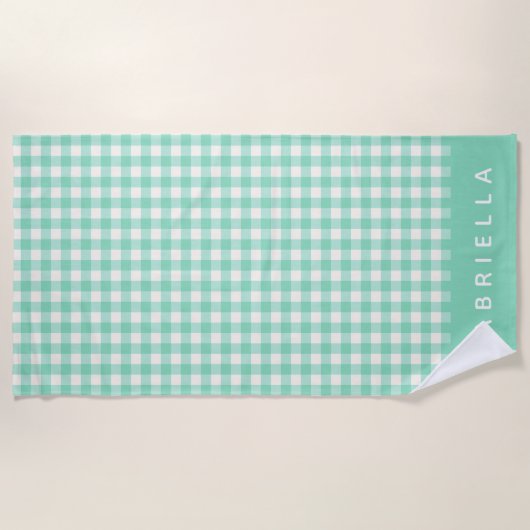 名前パーソナライズされたレトロミントグリーンジンガムプレイド ビーチタオル (正面)