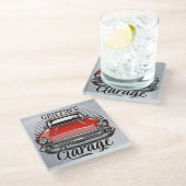 名前パーソナライズされたレトロレッドクラシックカーガレージ ガラスコースター (アングル)