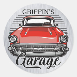 名前パーソナライズされたレトロレッドクラシックカーガレージ ラウンドシール