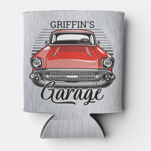 名前パーソナライズされたレトロレッドクラシックカーガレージ 缶クーラー (正面)