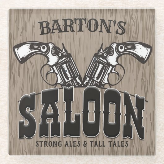 名前パーソナライズされたワイルドウエストガンリボルバーサロン ガラスコースター (正面)