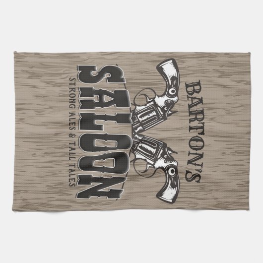 名前パーソナライズされたワイルドウエストガンリボルバーサロン キッチンタオル (横)