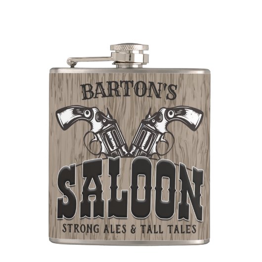 名前パーソナライズされたワイルドウエストガンリボルバーサロン フラスク (正面)