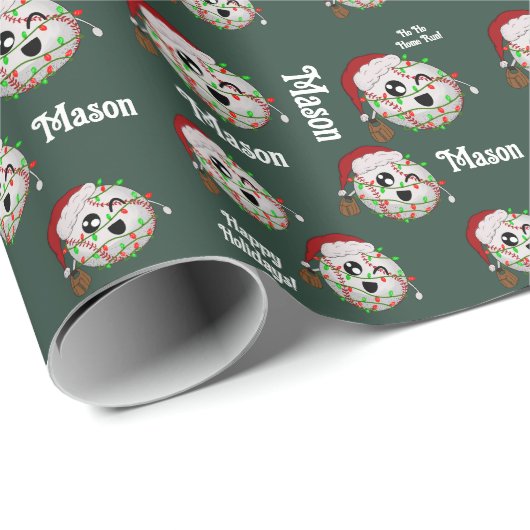 名前パーソナライズされた付きクリスマスライト野球 ラッピングペーパー (ロールコーナー)