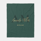 名前パーソナライズされた付き緑の金ゴールドモノグラモダンム フリースブランケット (正面)