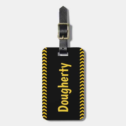 名前パーソナライズされた付き黒の警告テープ ラゲッジタグ (正面縦)