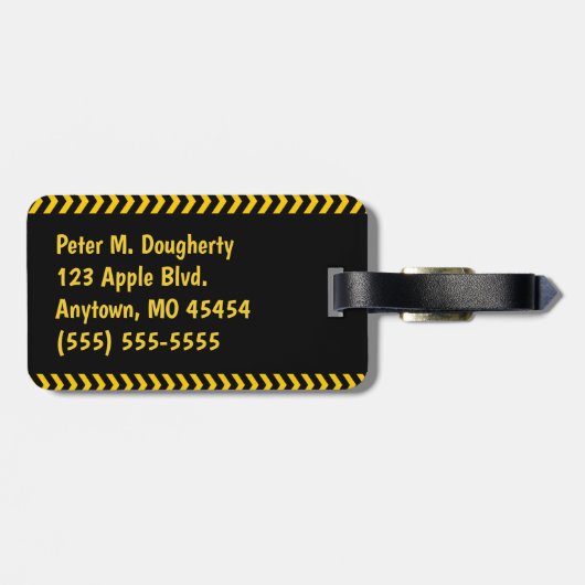 名前パーソナライズされた付き黒の警告テープ ラゲッジタグ (裏面横)