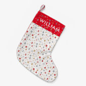 名前パーソナライズされた休日パターン スモールクリスマスストッキング (正面 (吊り時))