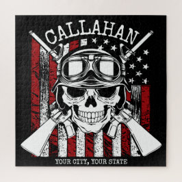 名前パーソナライズされた兵士スカルデュアルガン米国国旗 ジグソーパズル