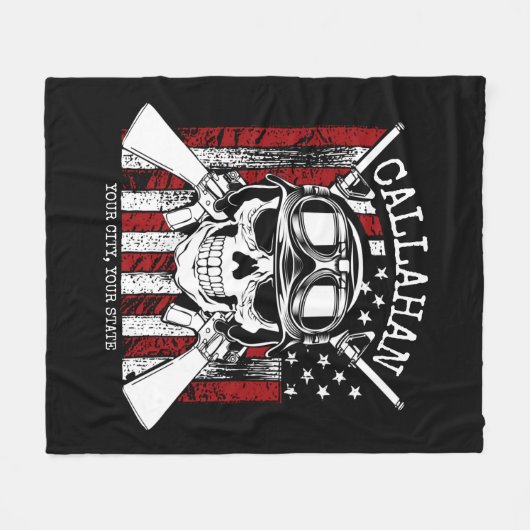 名前パーソナライズされた兵士スカルデュアルガン米国国旗 フリースブランケット (正面(横))