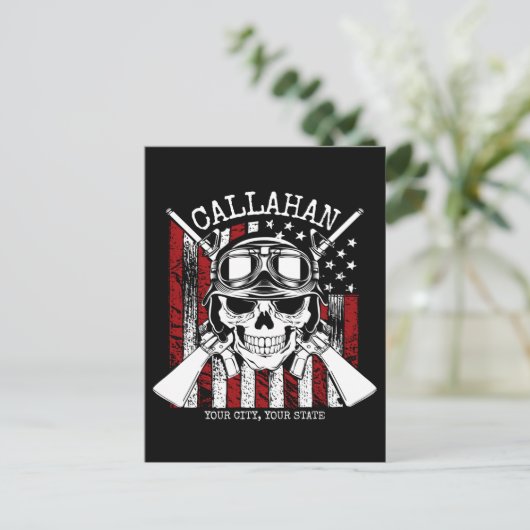 名前パーソナライズされた兵士スカルデュアルガン米国国旗 ポストカード (スタンド正面)