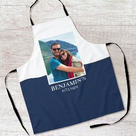名前パーソナライズされた写真ダークブルーモダン エプロン