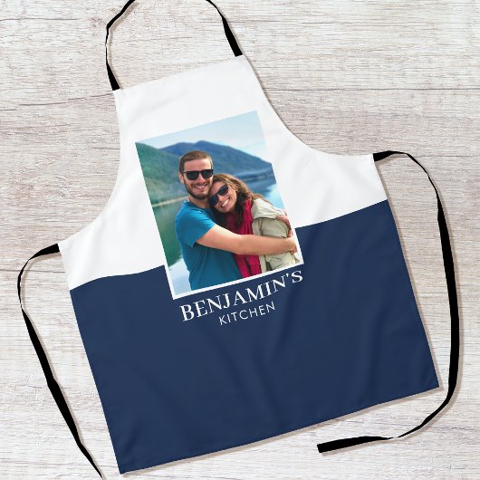 名前パーソナライズされた写真ダークブルーモダン エプロン