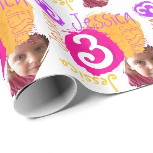 名前パーソナライズされた写真3歳の誕生日ラップ絵を描 ラッピングペーパー (ロールコーナー)