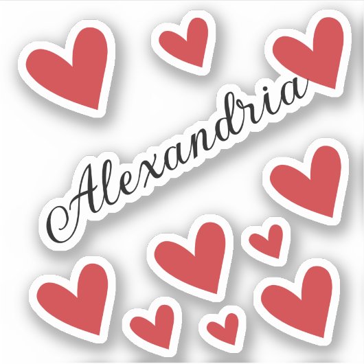 名前パーソナライズされた女の子赤い書道ハート シール (正面)