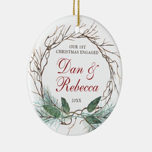 名前パーソナライズされた婚約水色リース セラミックオーナメント (右)