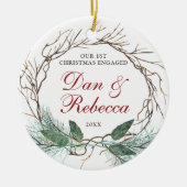 名前パーソナライズされた婚約水色リース セラミックオーナメント (正面)