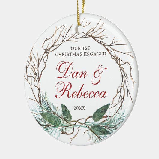 名前パーソナライズされた婚約水色リース セラミックオーナメント (左)