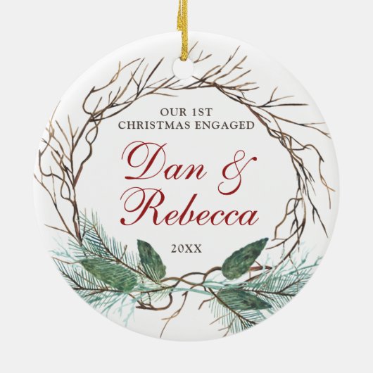 名前パーソナライズされた婚約水色リース セラミックオーナメント (裏面)