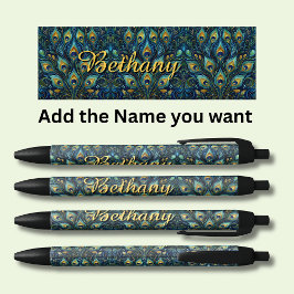 名前パーソナライズされた孔雀の羽 黒ボールペン