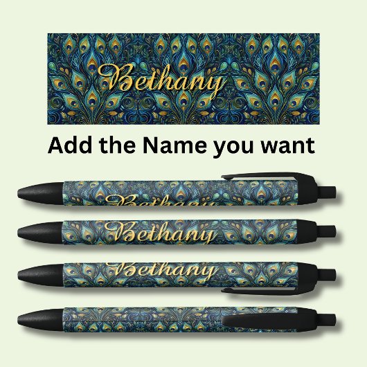 名前パーソナライズされた孔雀の羽 黒ボールペン