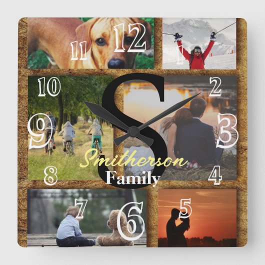 名前パーソナライズされた家族の写真ウォールクロック スクエア壁時計 (正面)