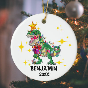 名前パーソナライズされた年の恐竜のクリスマス少年 セラミックオーナメント