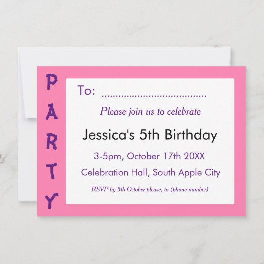 名前パーソナライズされた年齢ピンクかわいらし誕生日パーティー 招待状 (裏面)