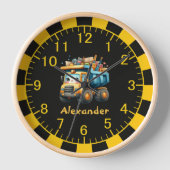 名前パーソナライズされた建築車男の赤ちゃん 壁時計 (正面)