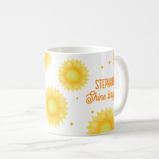 名前パーソナライズされた引用文ひまわりやる気を起こさせる コーヒーマグカップ (正面右)