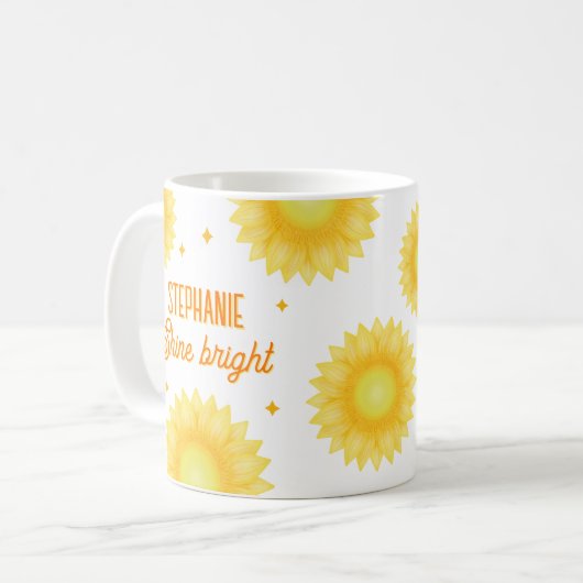 名前パーソナライズされた引用文ひまわりやる気を起こさせる コーヒーマグカップ (正面左)